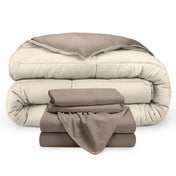 A reversible microfiber comforter and a coordinating sheet set folded and stacked