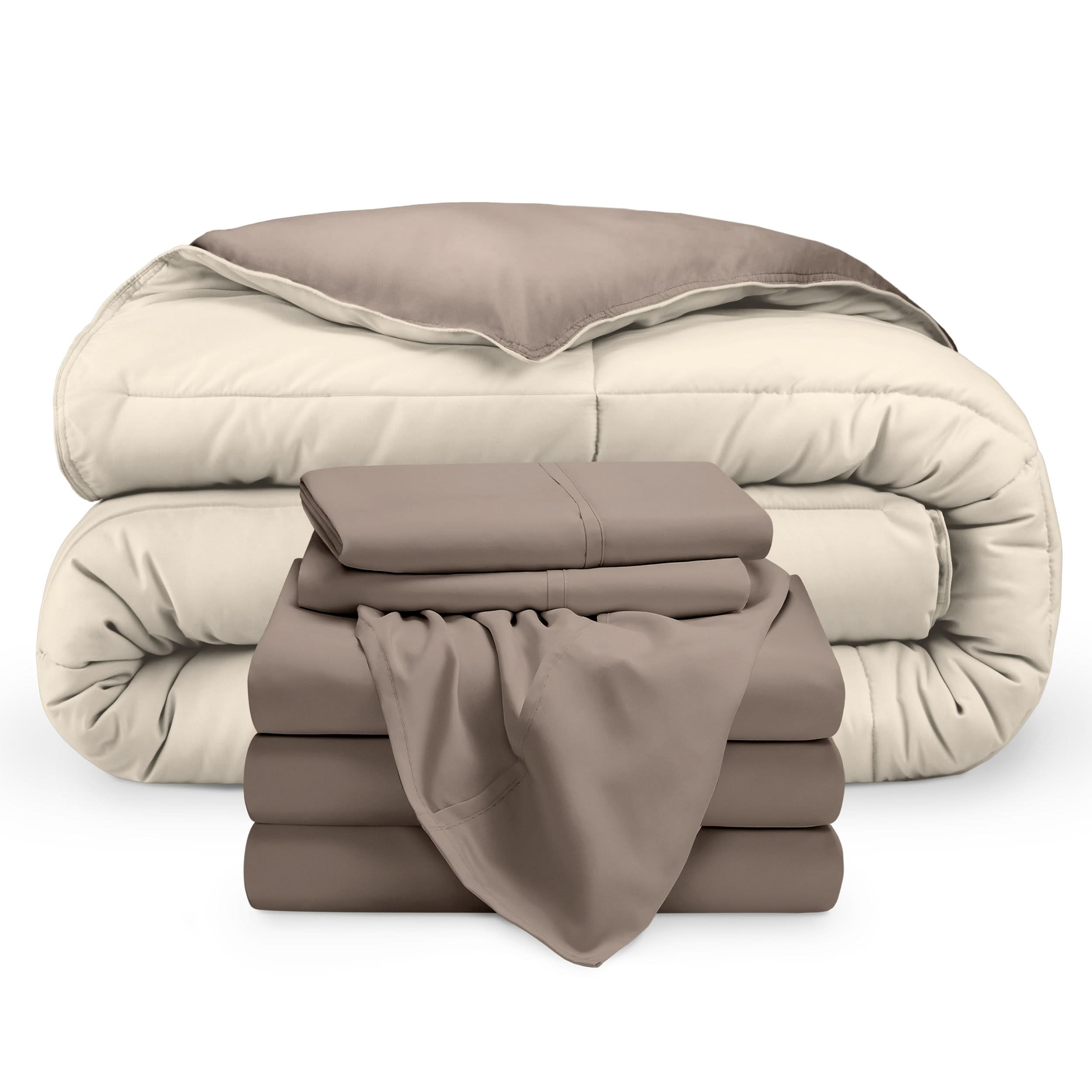 A reversible microfiber comforter and a coordinating sheet set folded and stacked