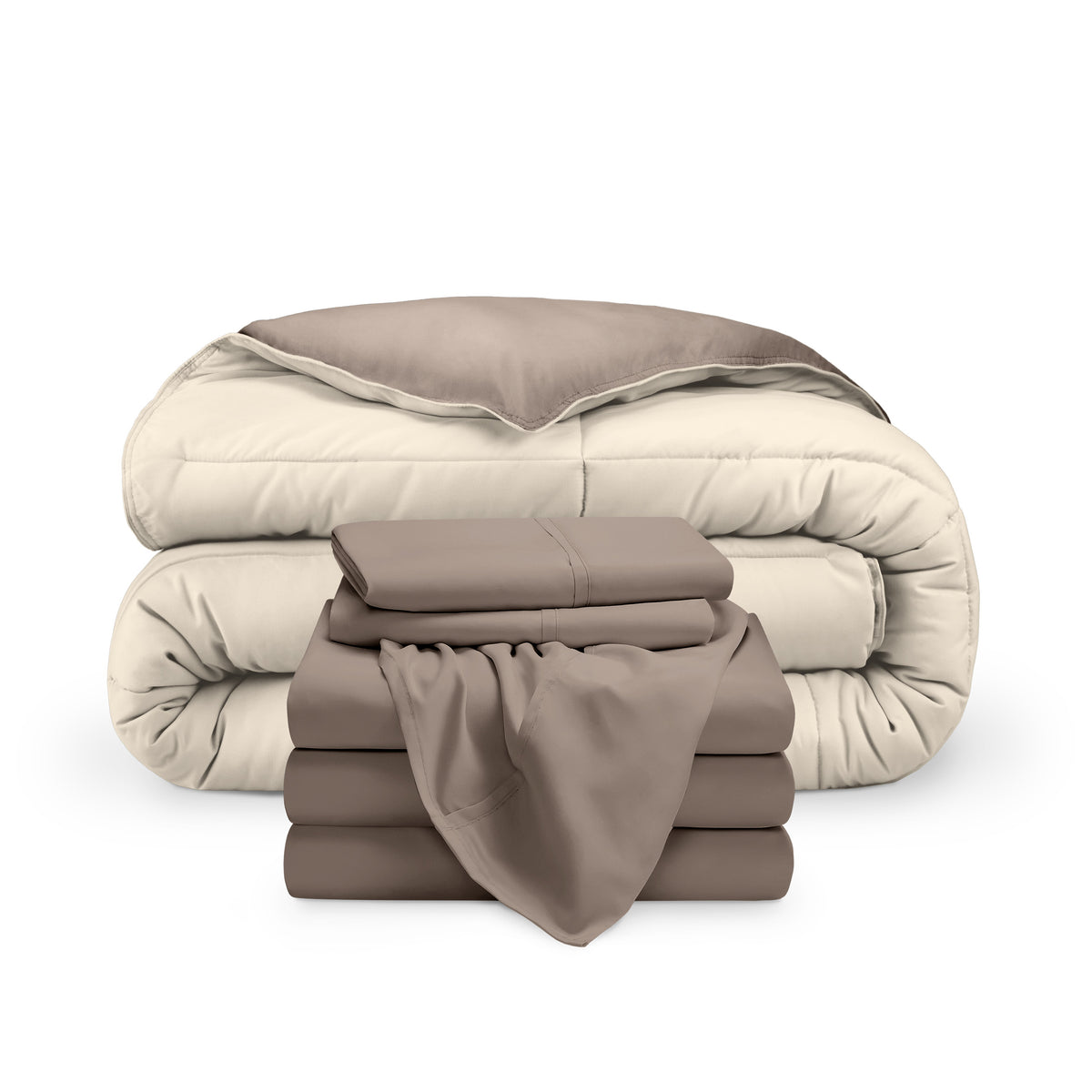 A reversible microfiber comforter and a coordinating sheet set folded and stacked