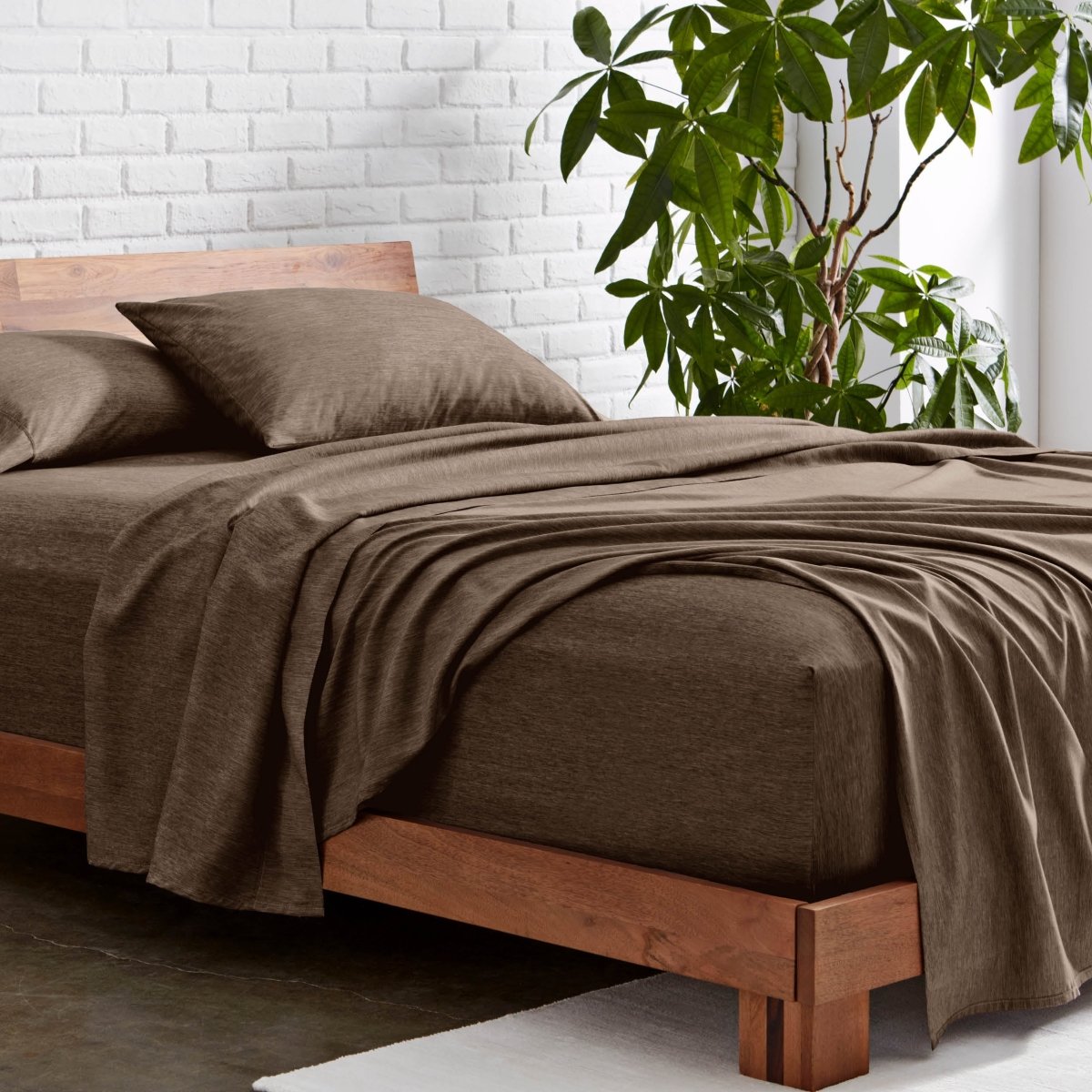 Microfiber sheet set on a wooden bed with a plant in the background