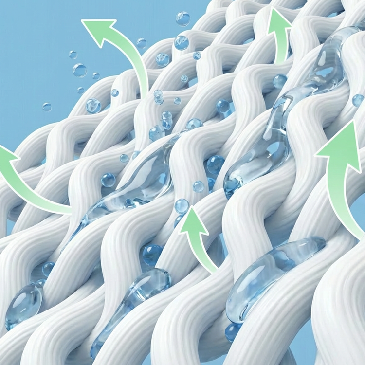 Close-up of white fibers with blue liquid and green arrows on a light blue background