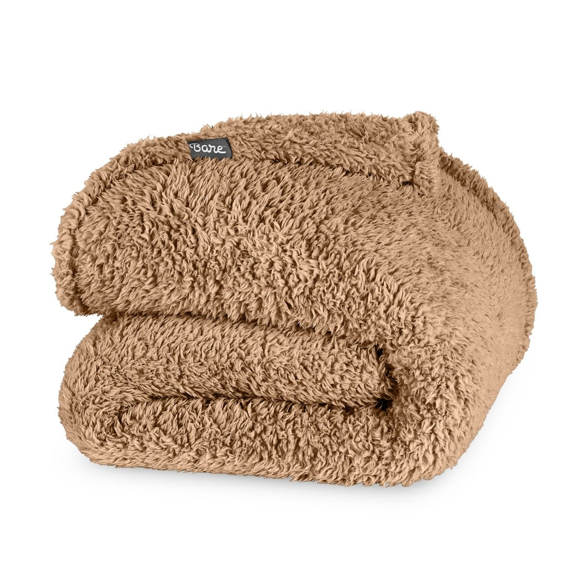 Folded textured blanket with a brand label on a white background