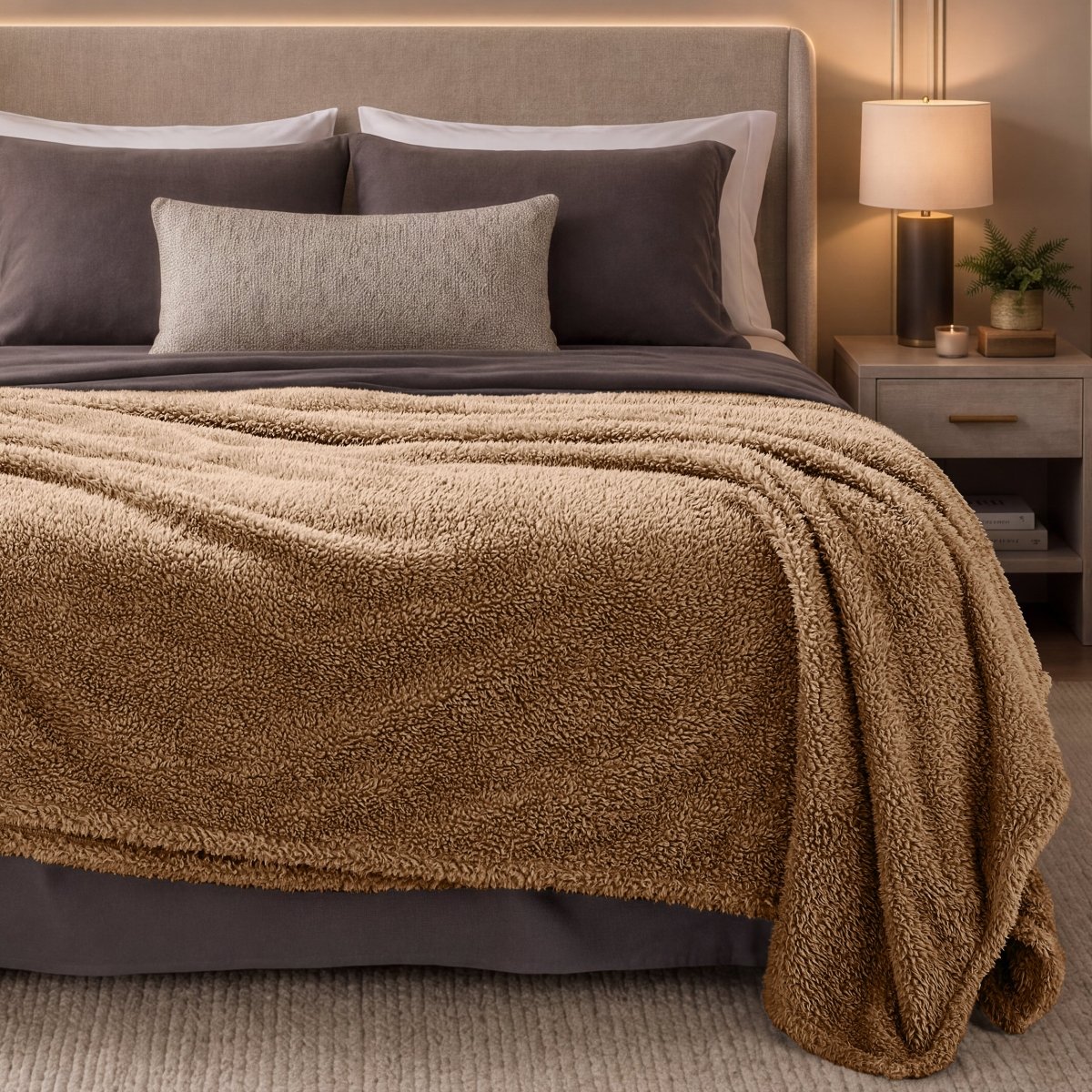 Bed with brown blanket and pillows in a bedroom setting.