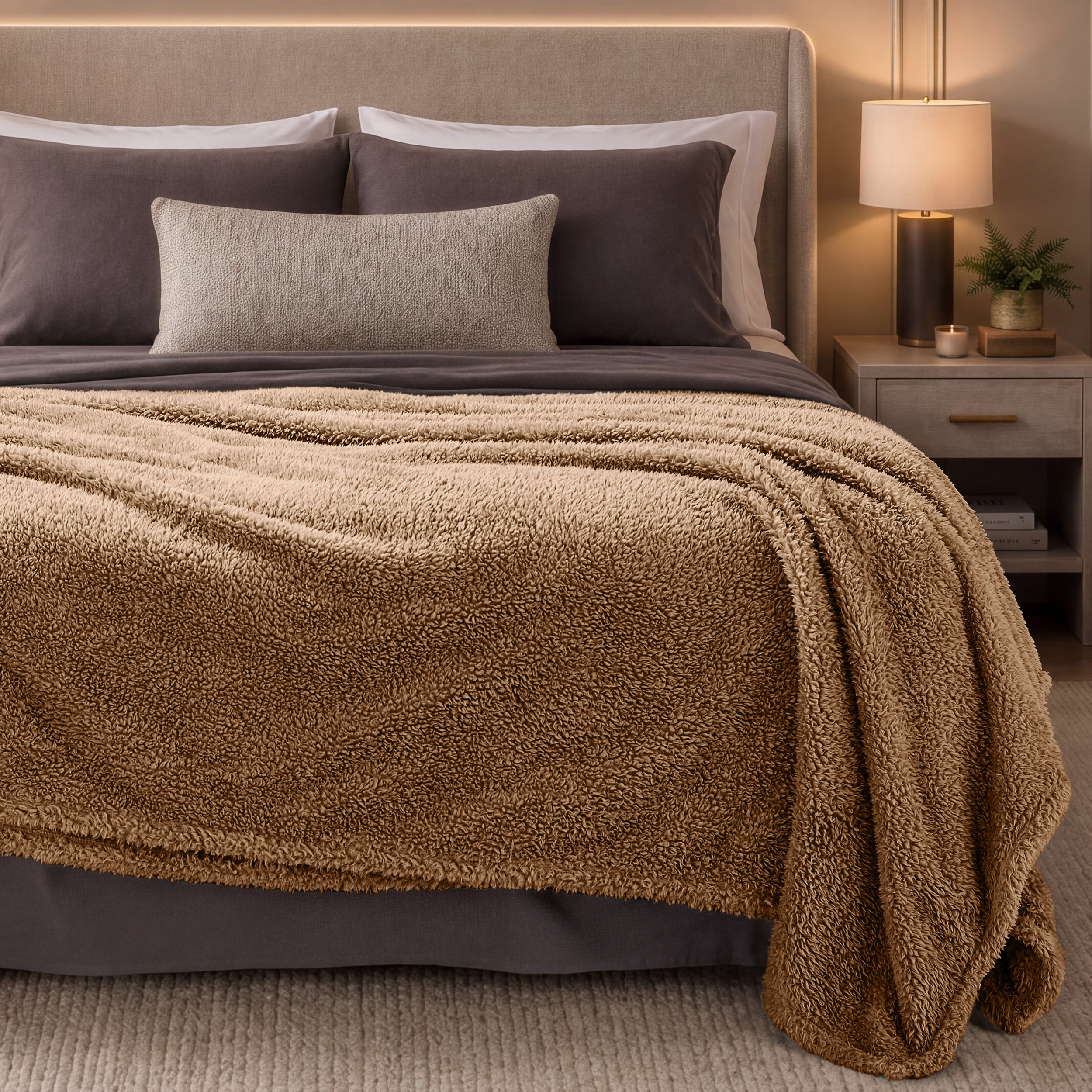 Bed with brown blanket and pillows in a bedroom setting.