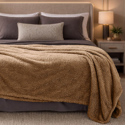 A blanket draped over the end of a bed