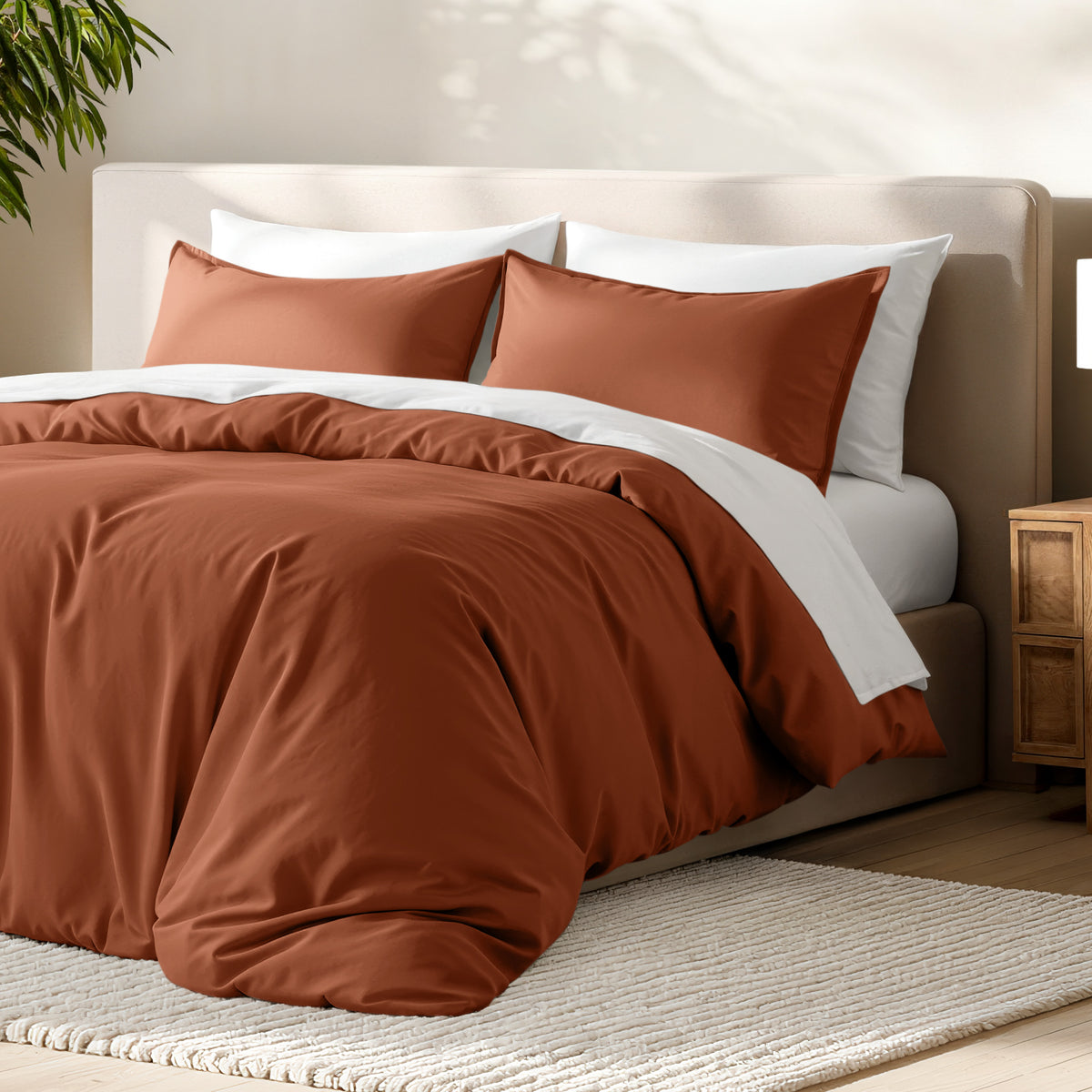 Bed with microfiber duvet cover and sham set in a bedroom setting.