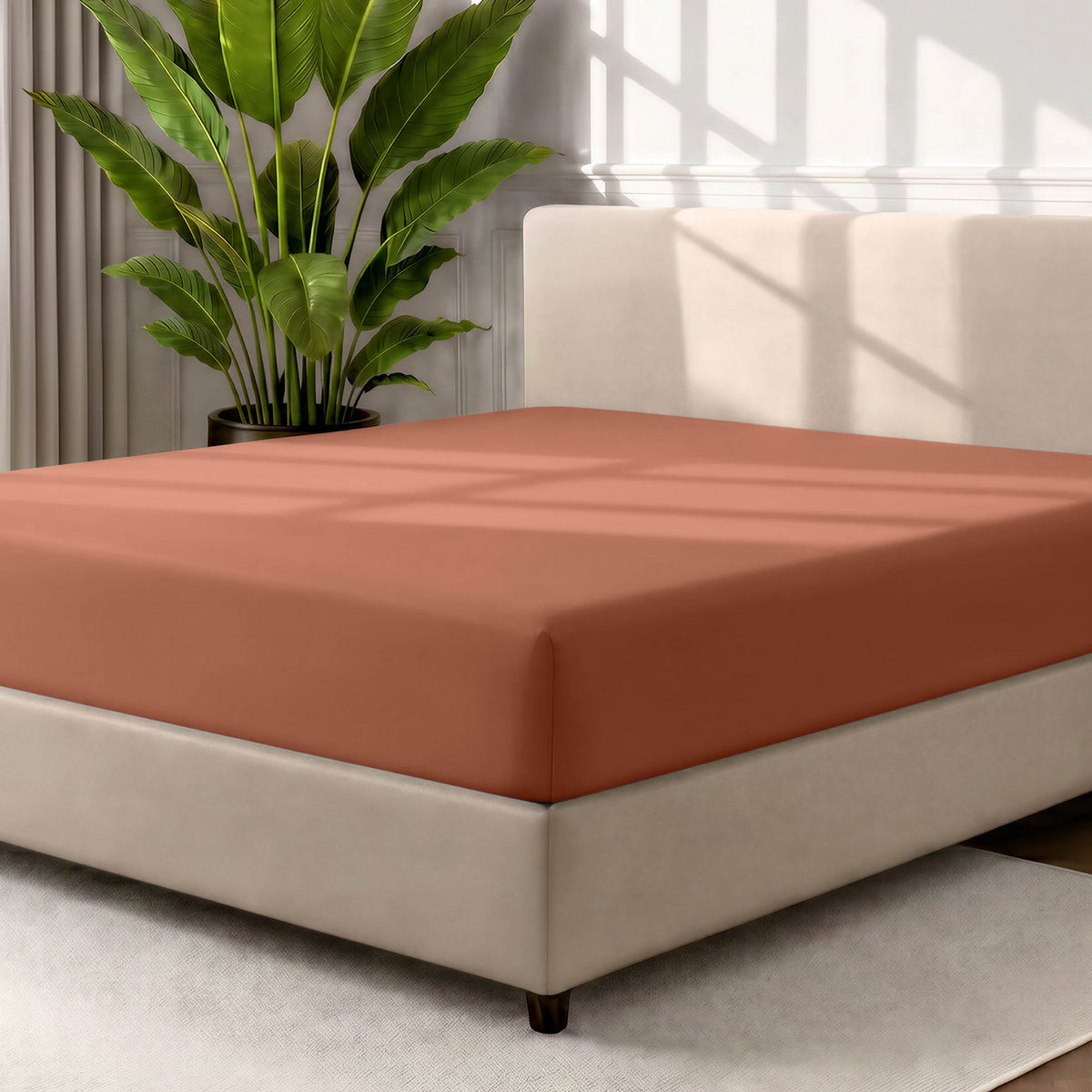 Ultra soft fitted sheet on a mattress with the sun shining into the bedroom