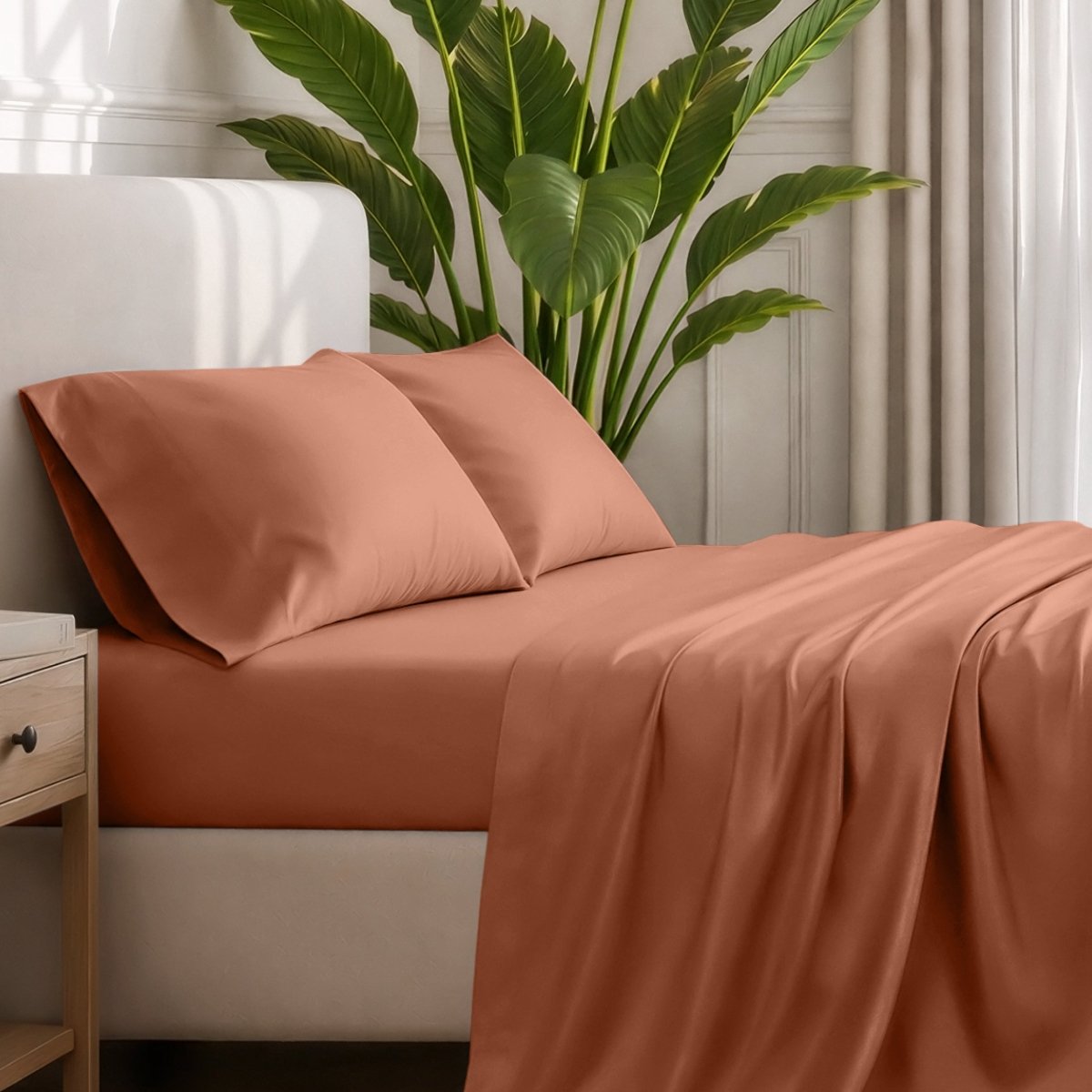 Ultra-soft sheets and pillowcases on a bed with a plant in the background