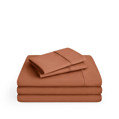 Microfiber sheet set folded and stacked
