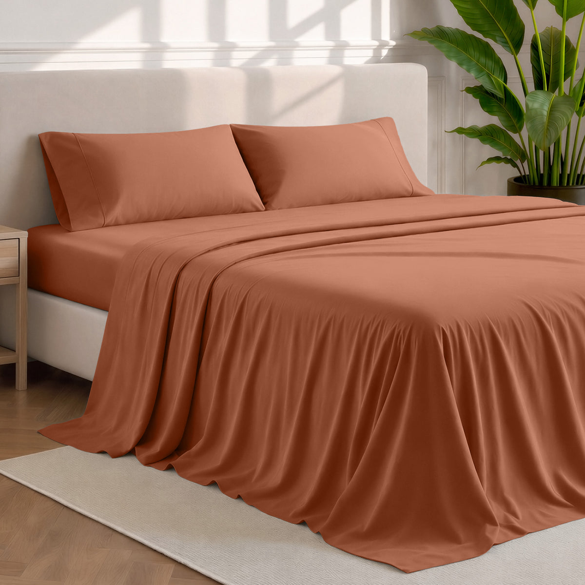 Microfiber sheets and pillowcases in a bedroom stetting