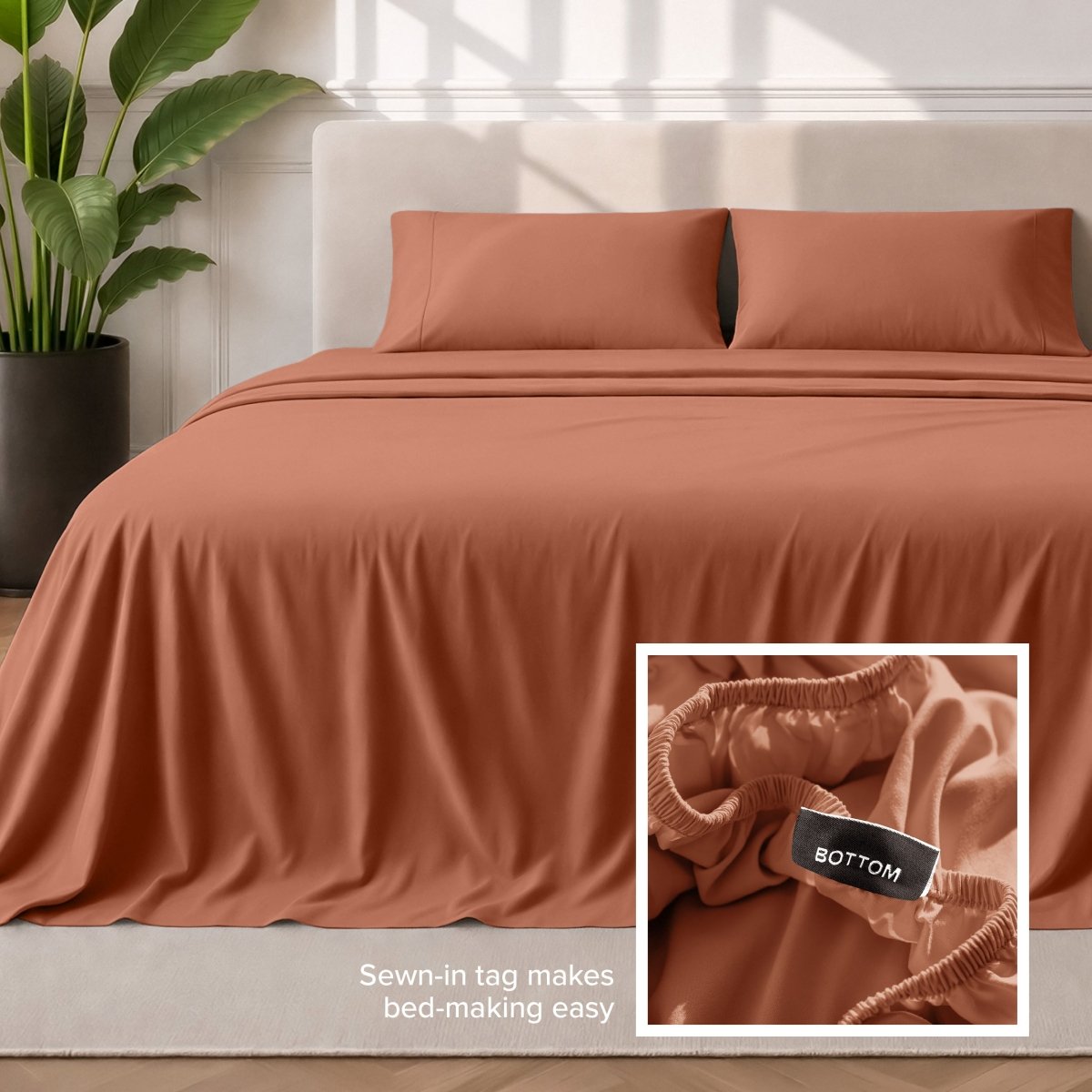 Sewn-in tag makes bed-making easy