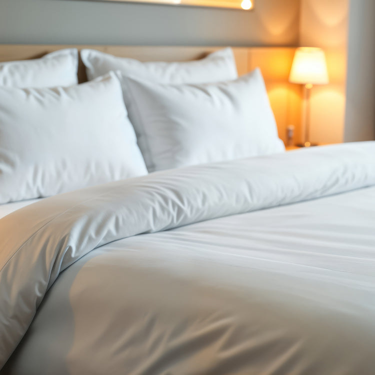 Neatly made bed with white bedding in a softly lit bedroom.