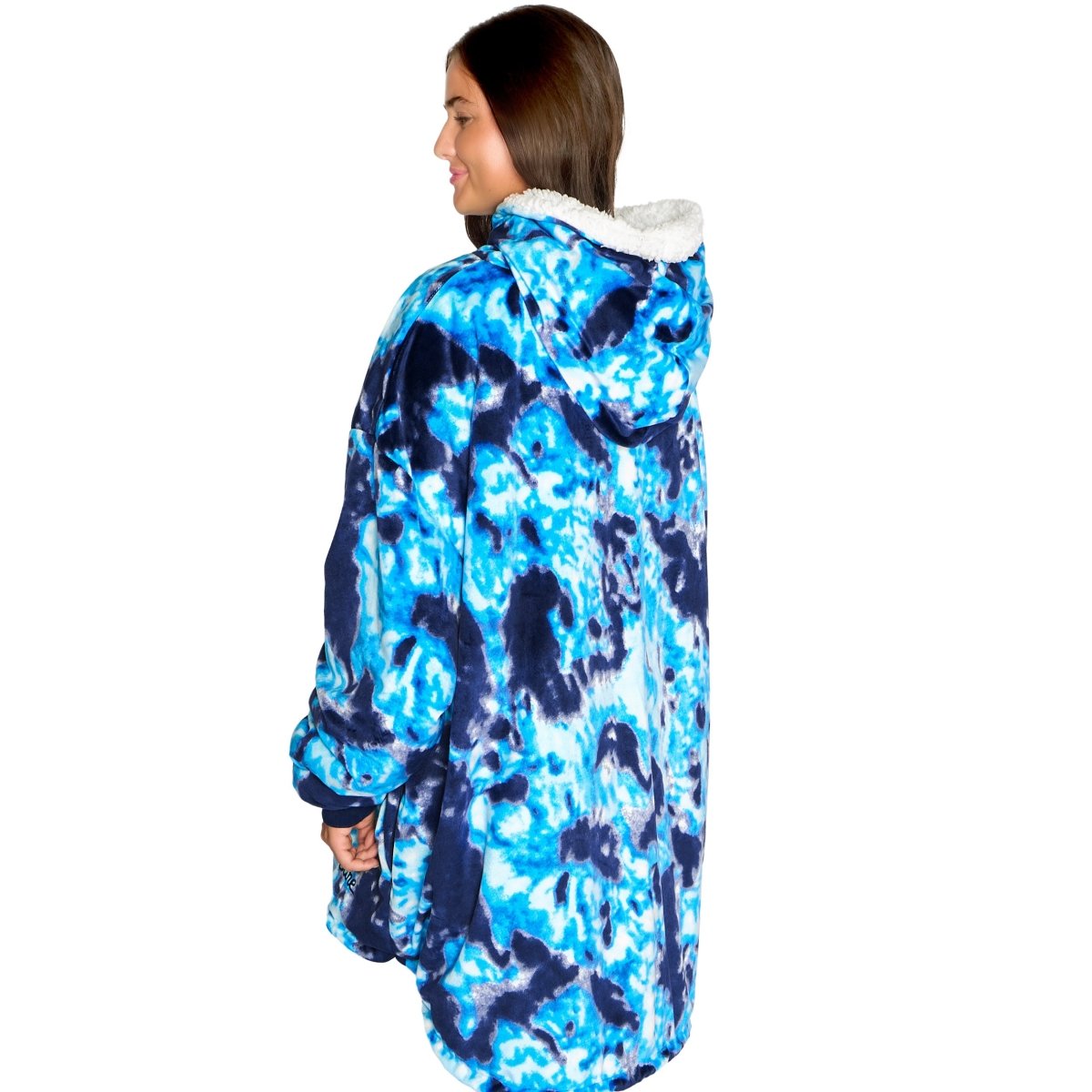 Person wearing a hooded blanket on a white background