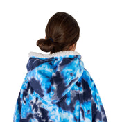 A child with a sherpa wearable blanket on