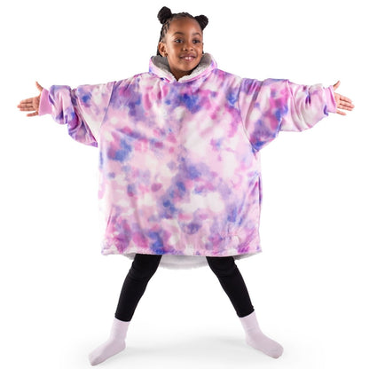 A child wearing a hooded blanket