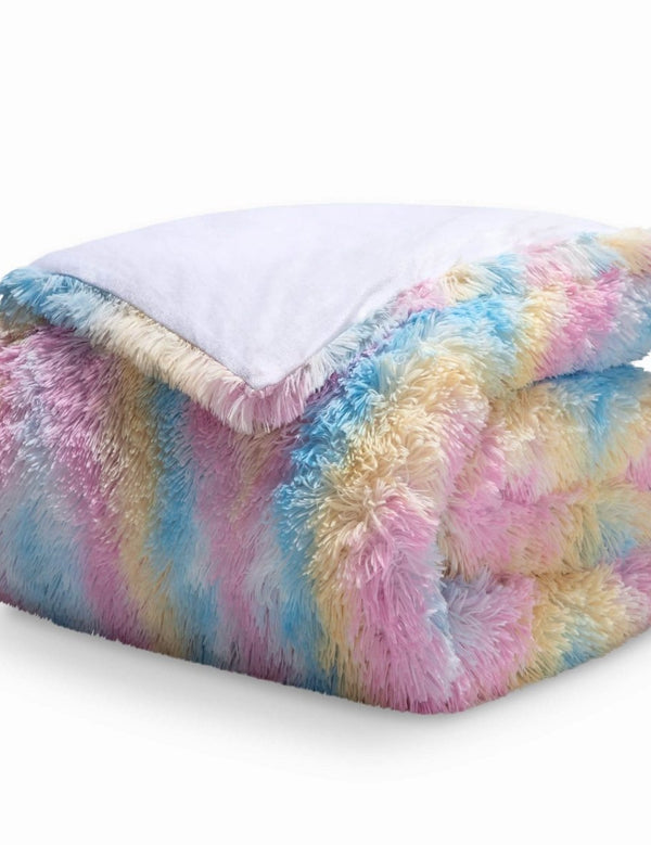 A modern bedroom with a shaggy duvet cover on the bed.