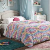 Shaggy duvet cover on a bed in a bedroom setting with shelves and decor.