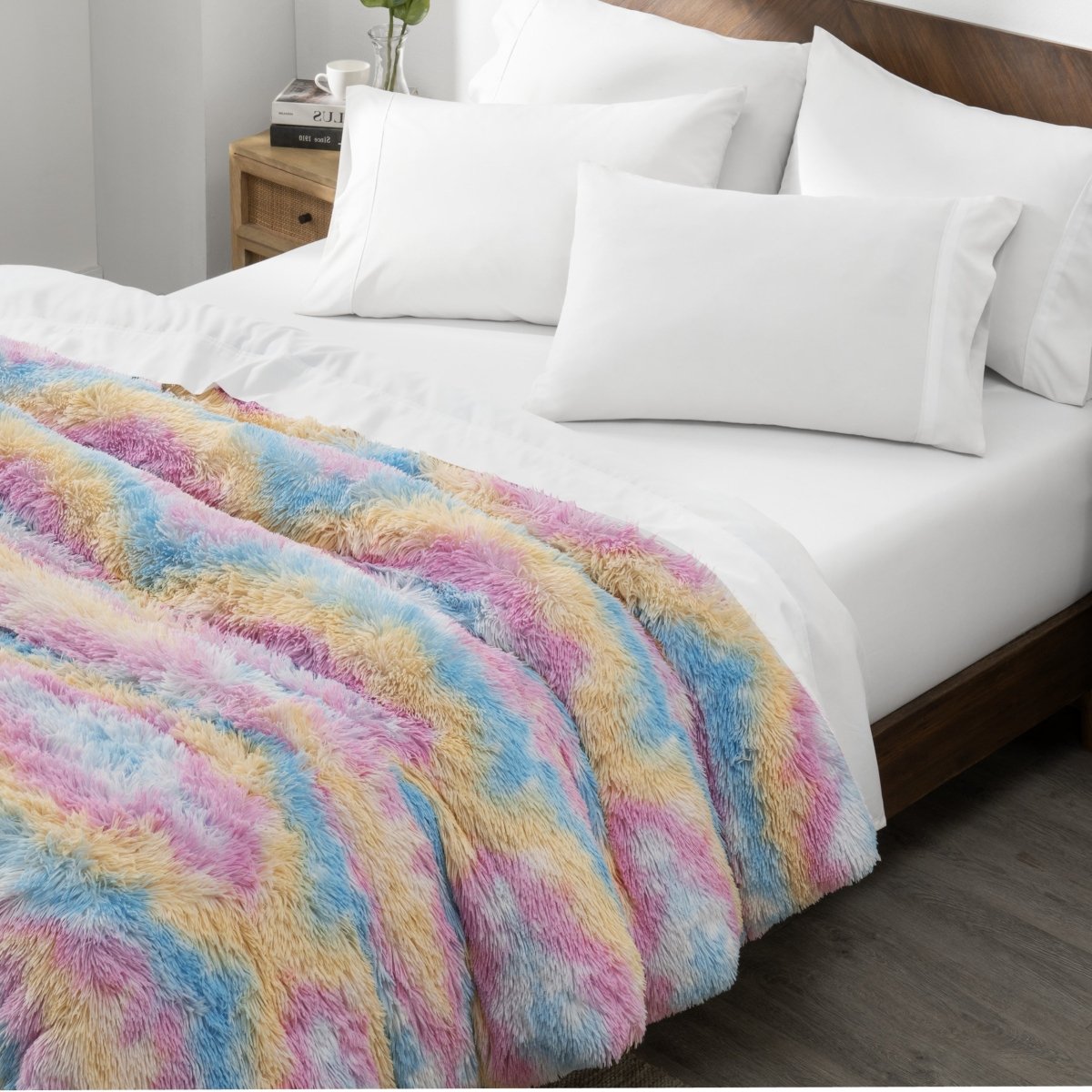 Shaggy duvet cover on a bed with white pillows and a wooden headboard.
