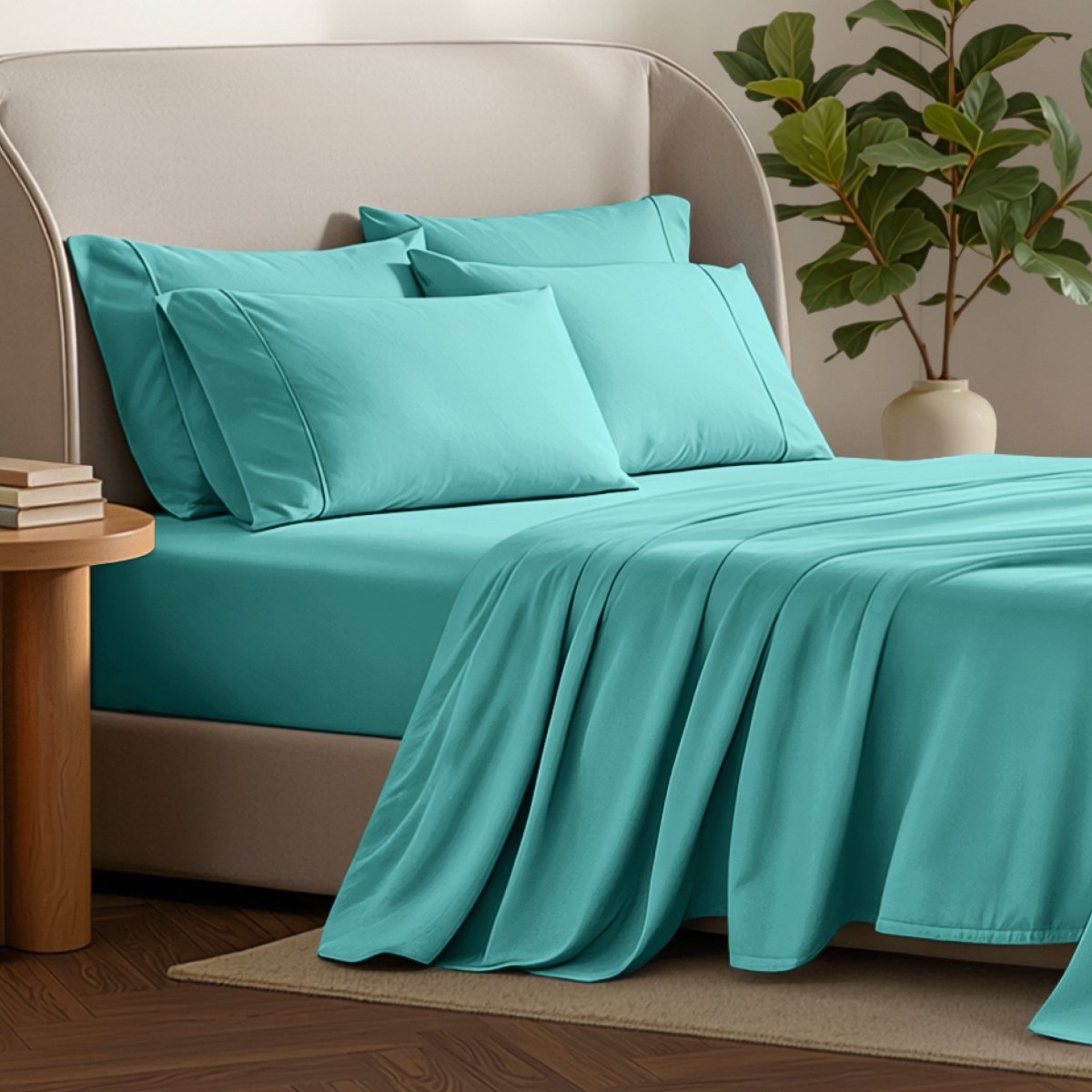 Bed sheets and pillows on a bed with a plant and side table in the background.
