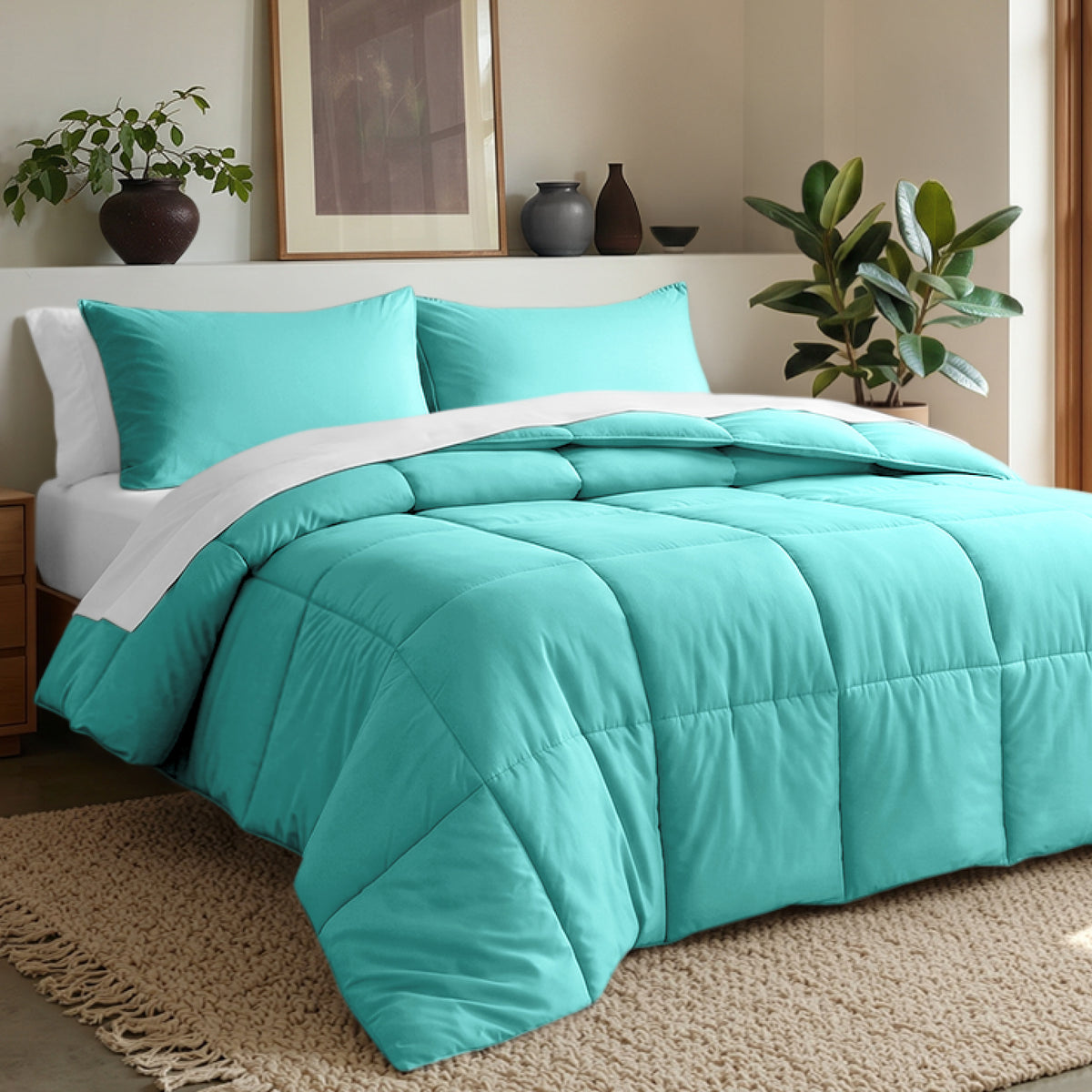 Comforter set on a bed in a bedroom with plants and decor.