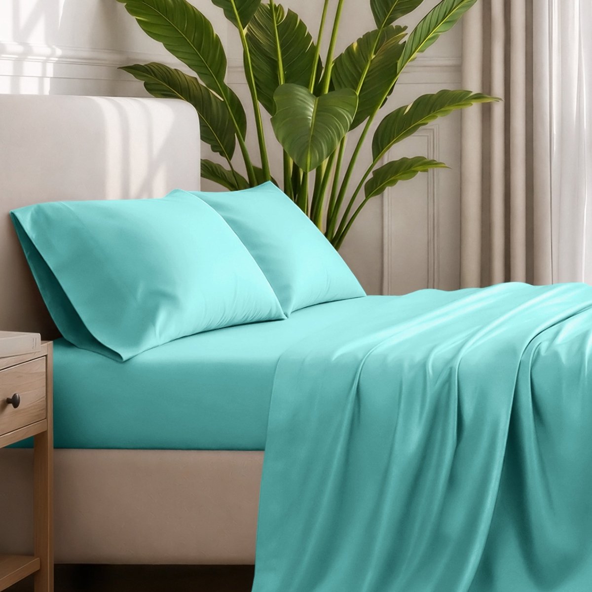 Ultra-soft sheets and pillowcases on a bed with a plant in the background