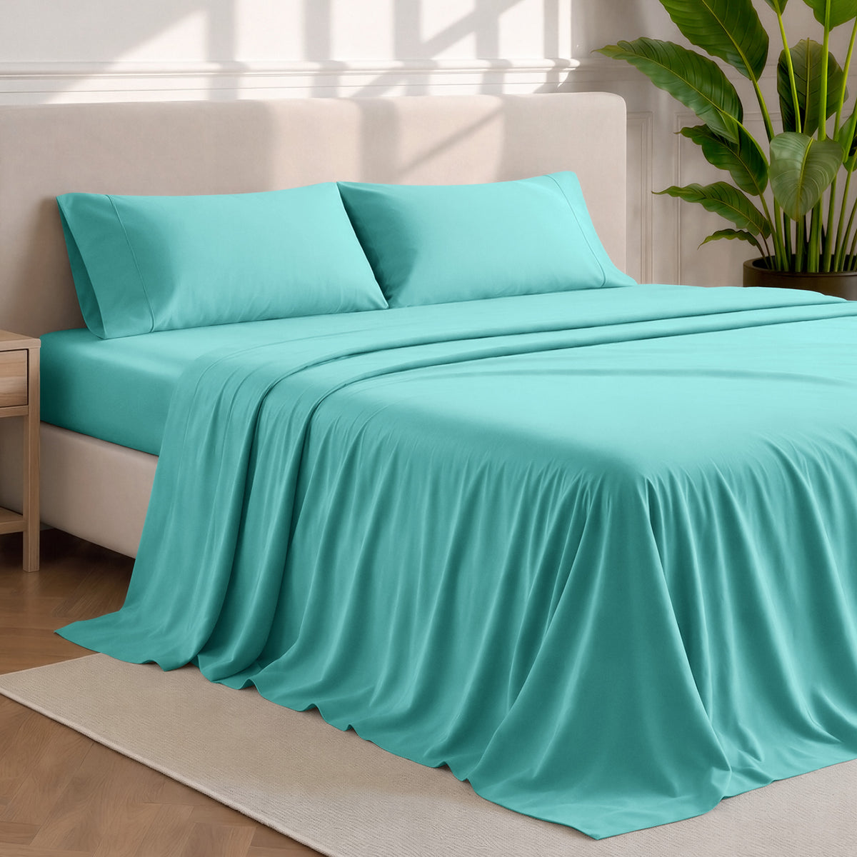 Microfiber sheets and pillowcases in a bedroom stetting