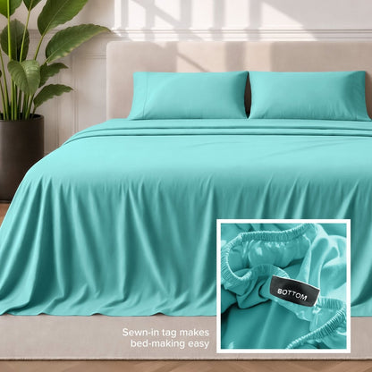 Sewn-in tag makes bed-making easy