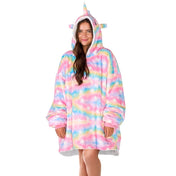 An adult with a sherpa wearable blanket on