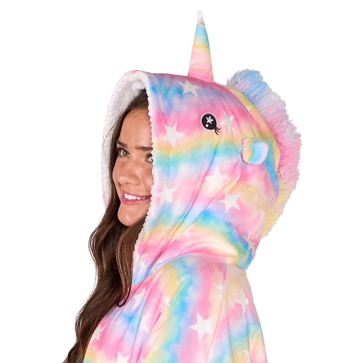 Person wearing a hooded blanket on a white background