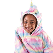 A child with a sherpa wearable blanket on