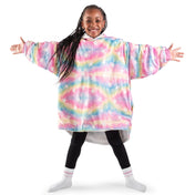 A child wearing a hooded blanket