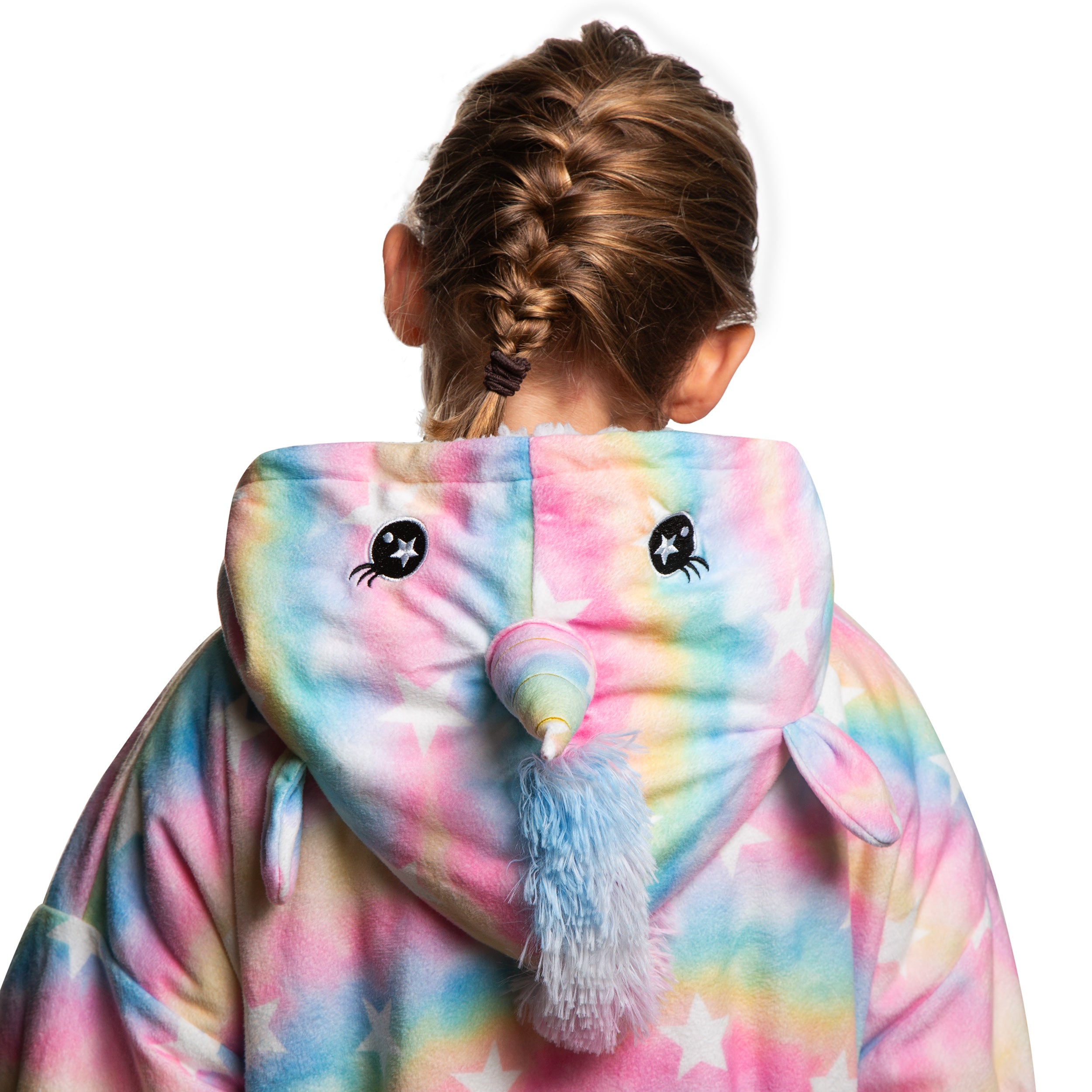 The back side of a Sherpa wearable blanket while on a child