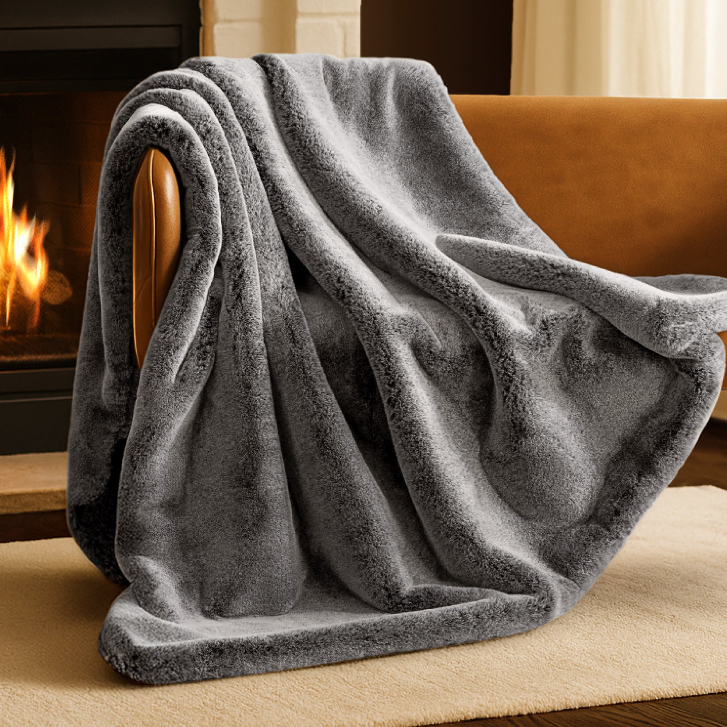 Blanket draped over a chair in front of a fireplace