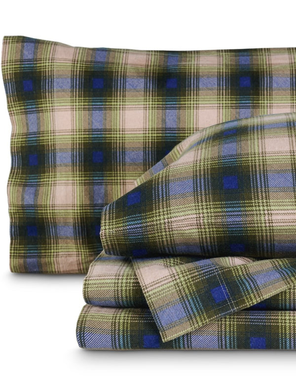Flannel print sheets folded and stacked