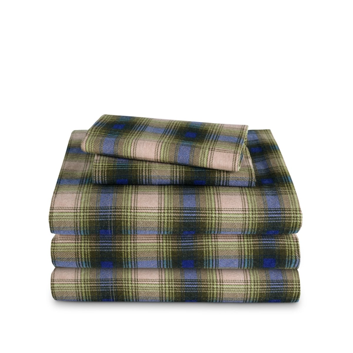 Stack of flannel sheets and pillowcases on a white background