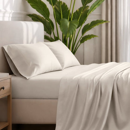 Ultra-soft sheets and pillowcases on a bed with a plant in the background
