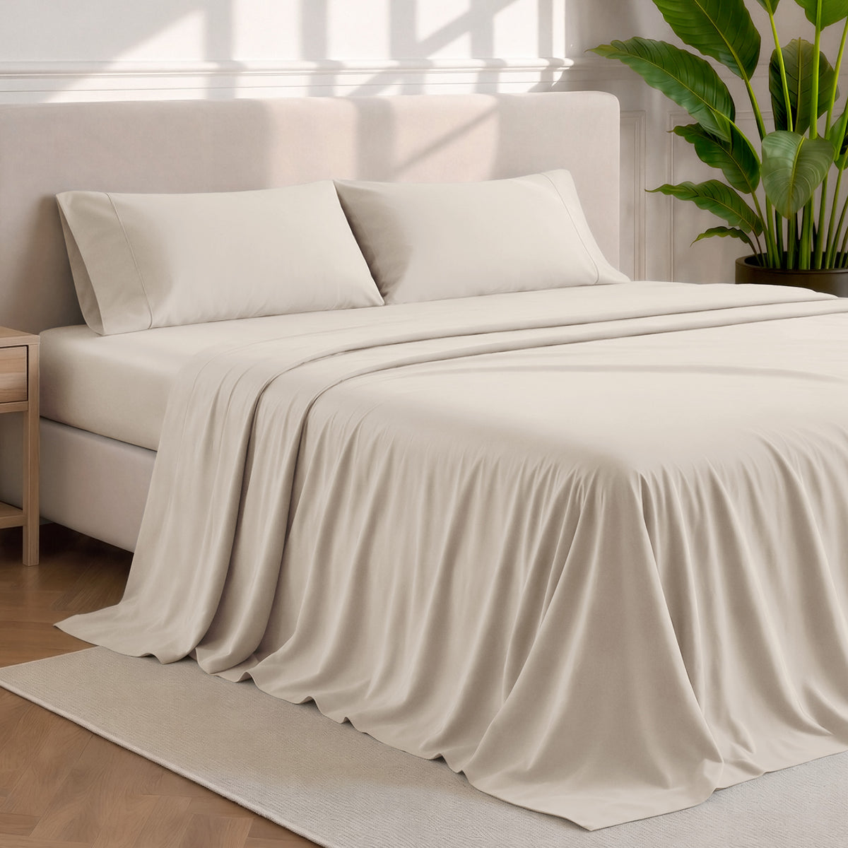 Microfiber sheets and pillowcases in a bedroom stetting