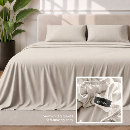 Sewn-in tag makes bed-making easy