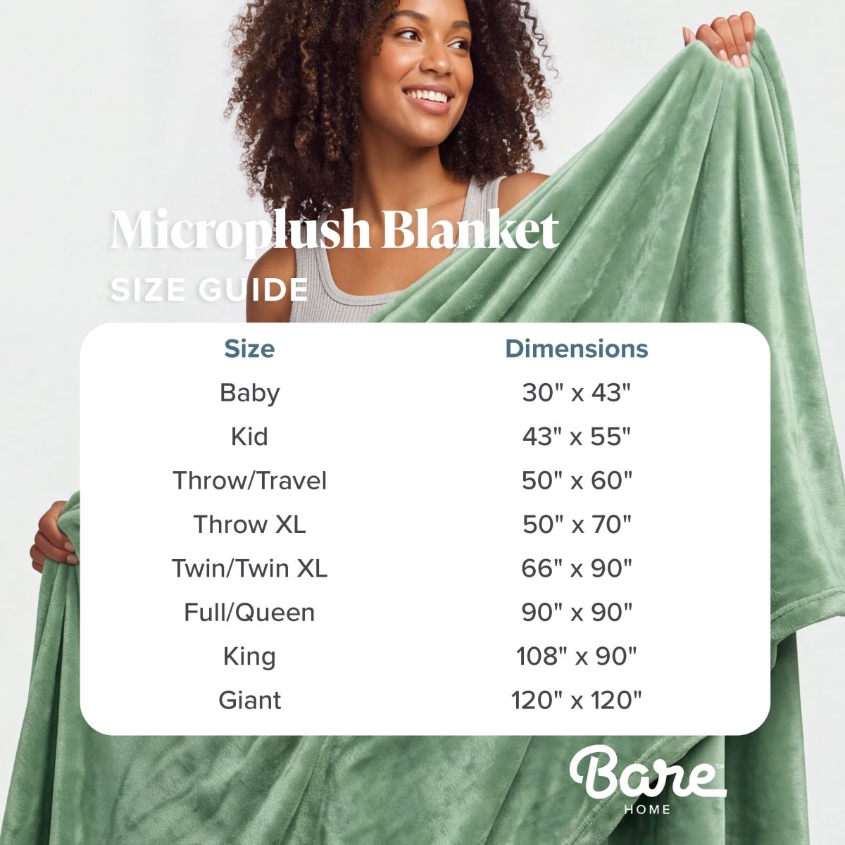 A size guide for the Bare Home microplush blanket