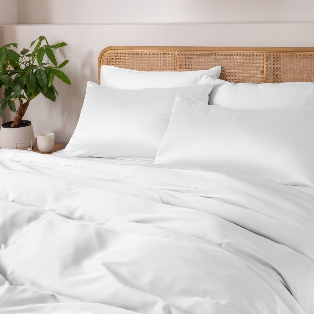 White bedding set on a bed with a wicker headboard and a plant in the corner.