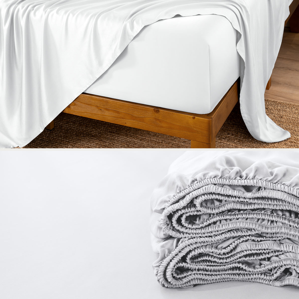A split image of a mattress on a wooden bed frame and a fitted sheet rolled up.
