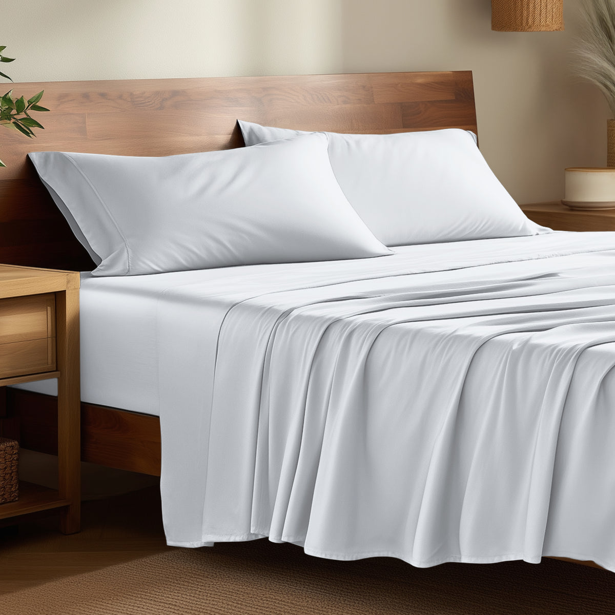 Bamboo bed sheets on a bed in a bedroom with night stands.