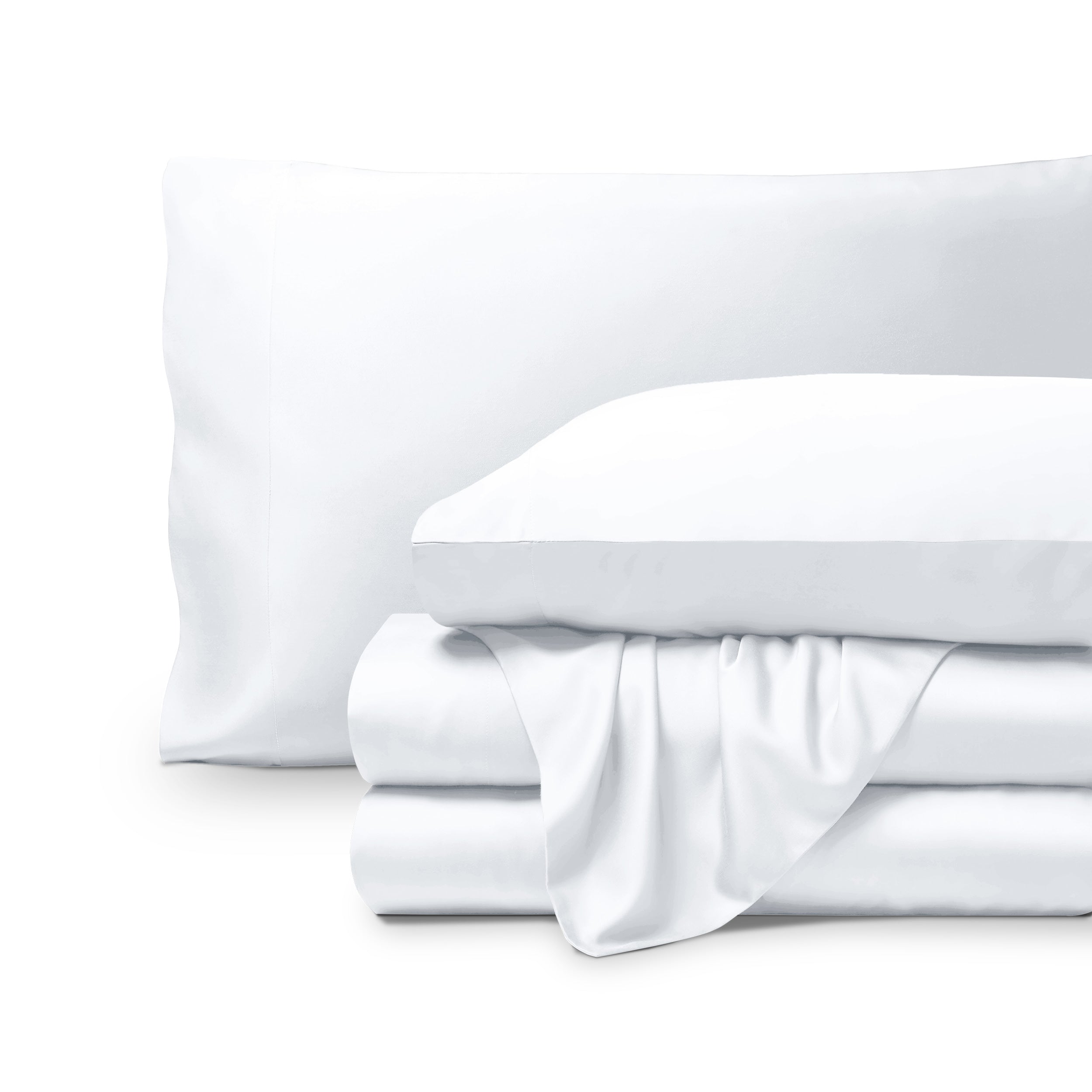 Bamboo pillowcases and sheets set on a white background