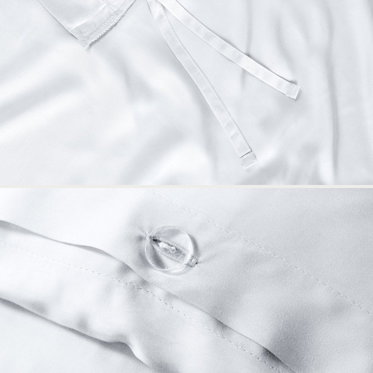 Close-up of the corner ties and button closure on a duvet cover