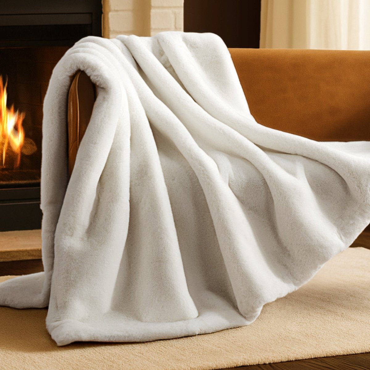 Blanket draped over a chair in front of a fireplace