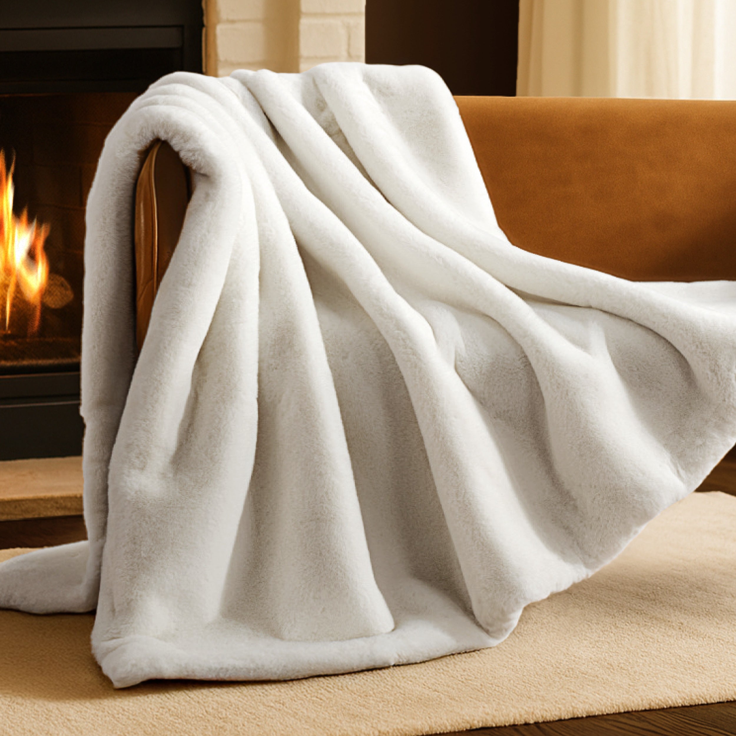 Blanket draped over a chair in front of a fireplace