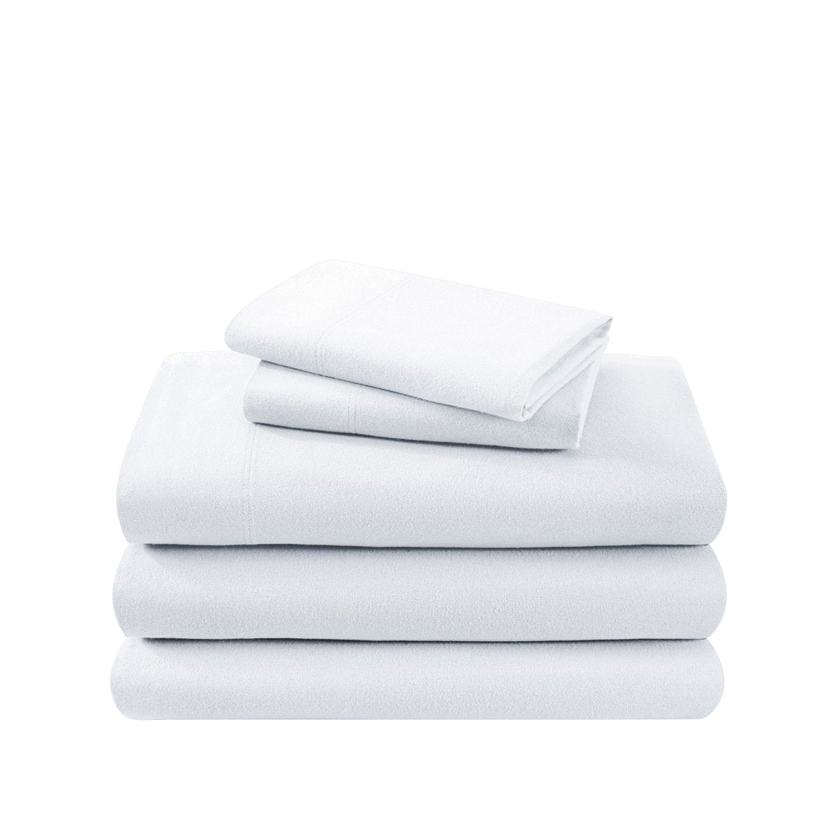 Cotton flannel sheet set folded and stacked on a white background
