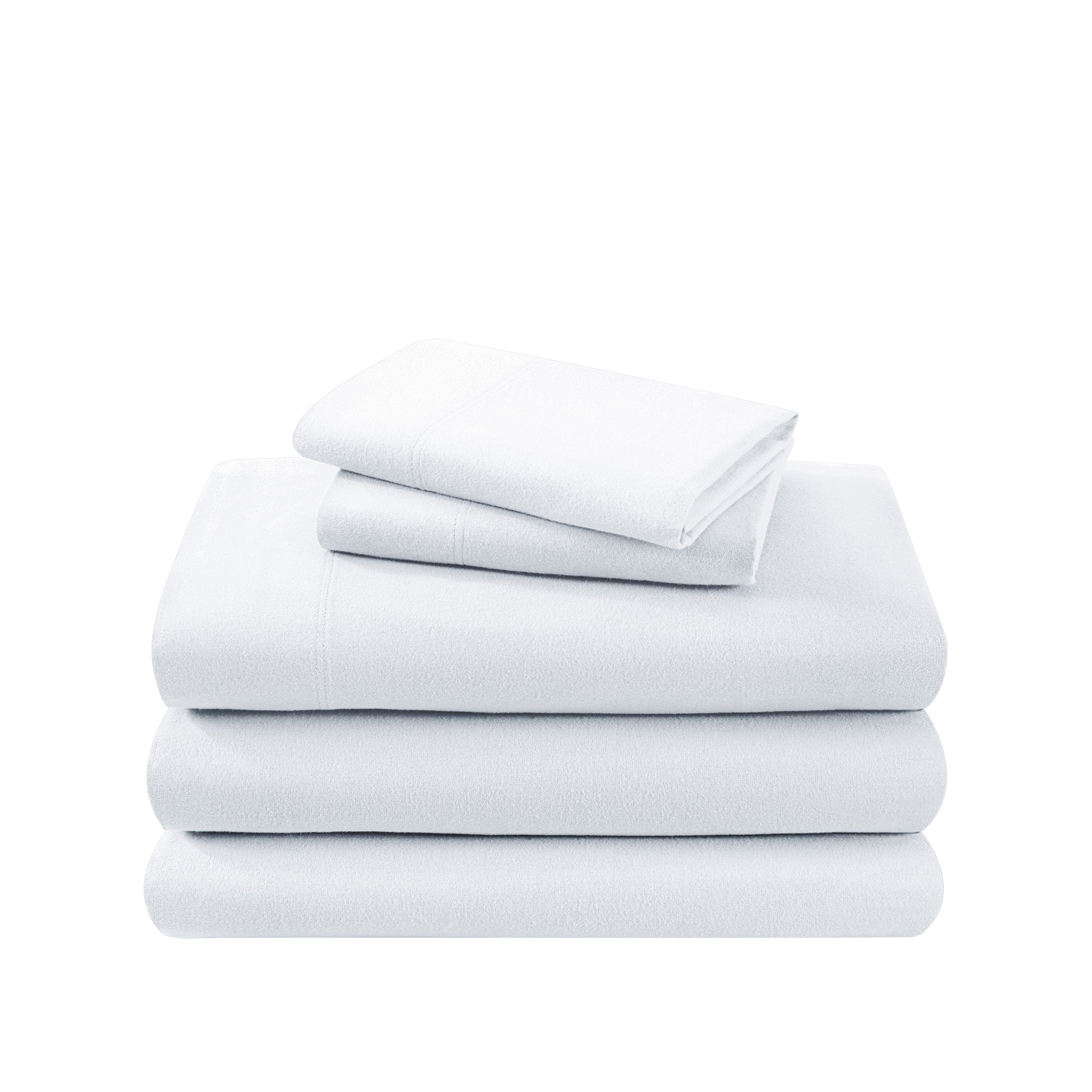 Cotton flannel sheet set folded and stacked on a white background