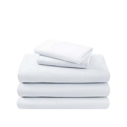 Cotton flannel sheet set folded and stacked on a white background