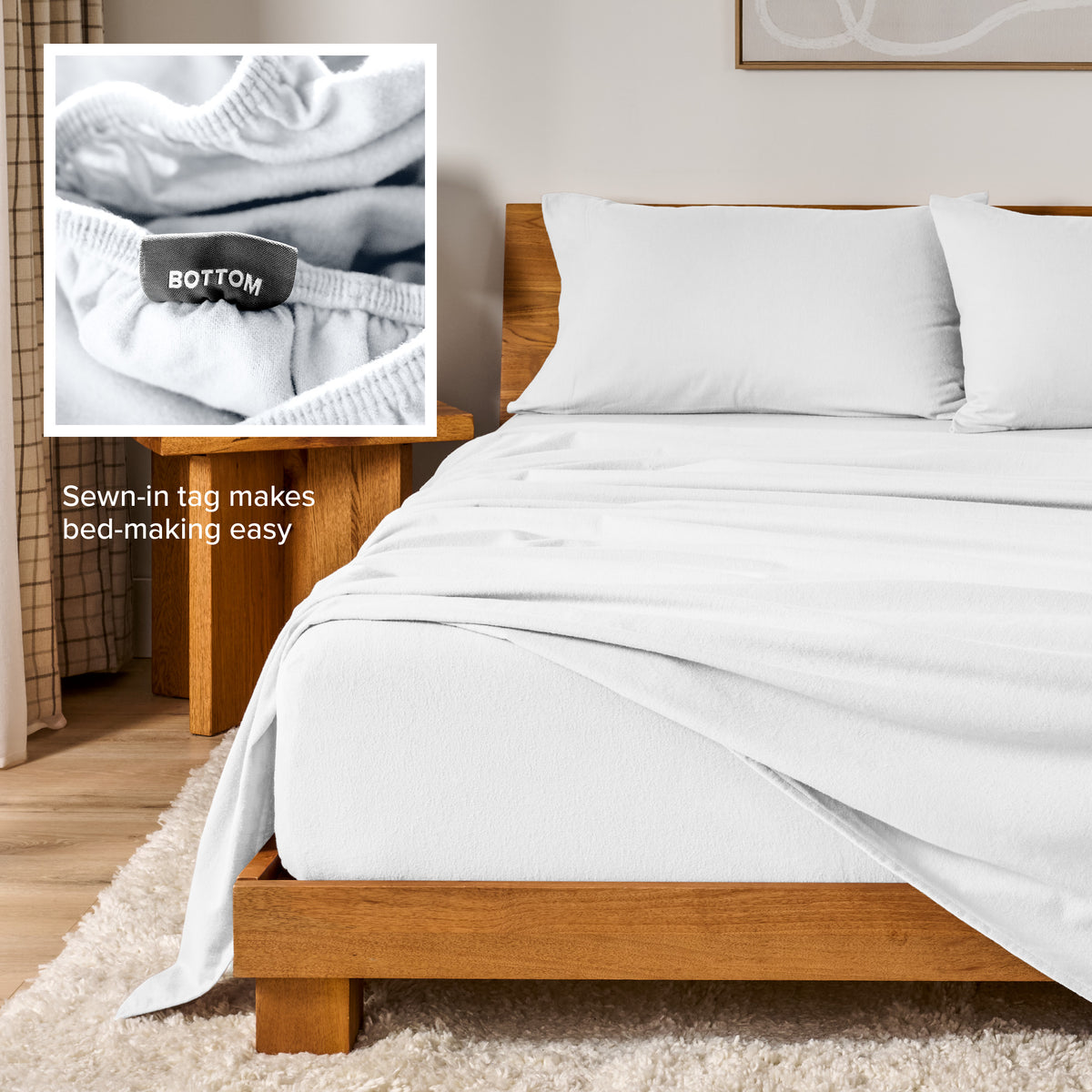 Flannel sheets on a with an inset of a sewn-in tag reading BOTTOM